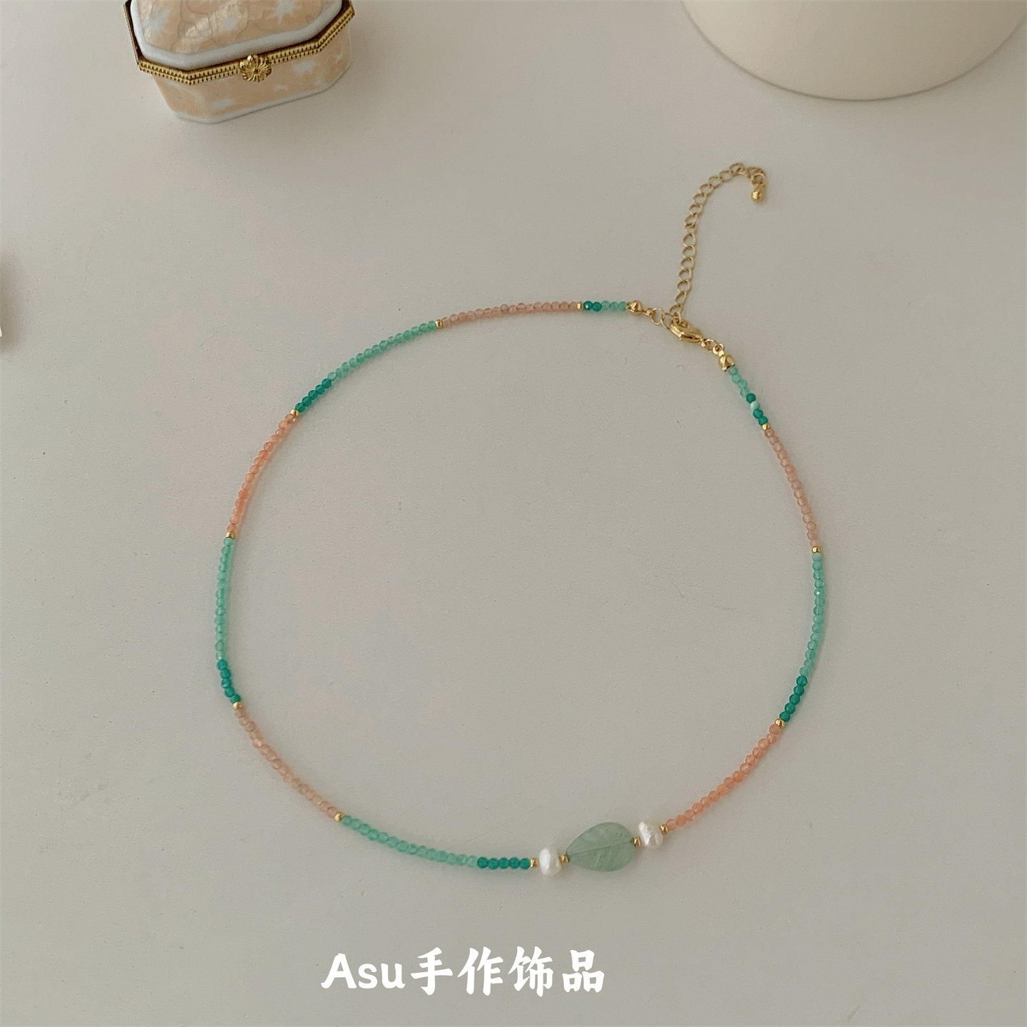 【满25包邮】复古风绿色系质锁骨链女小众设计师项链米珠颈链,饰品/流行首饰/时尚饰品新,项链,淘宝优惠券,粉丝福利购,淘宝优惠卷