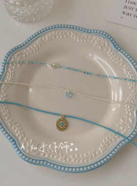 蓝色系米珠锁骨链女项链