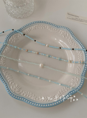 蓝色系串珠项链女锁骨链