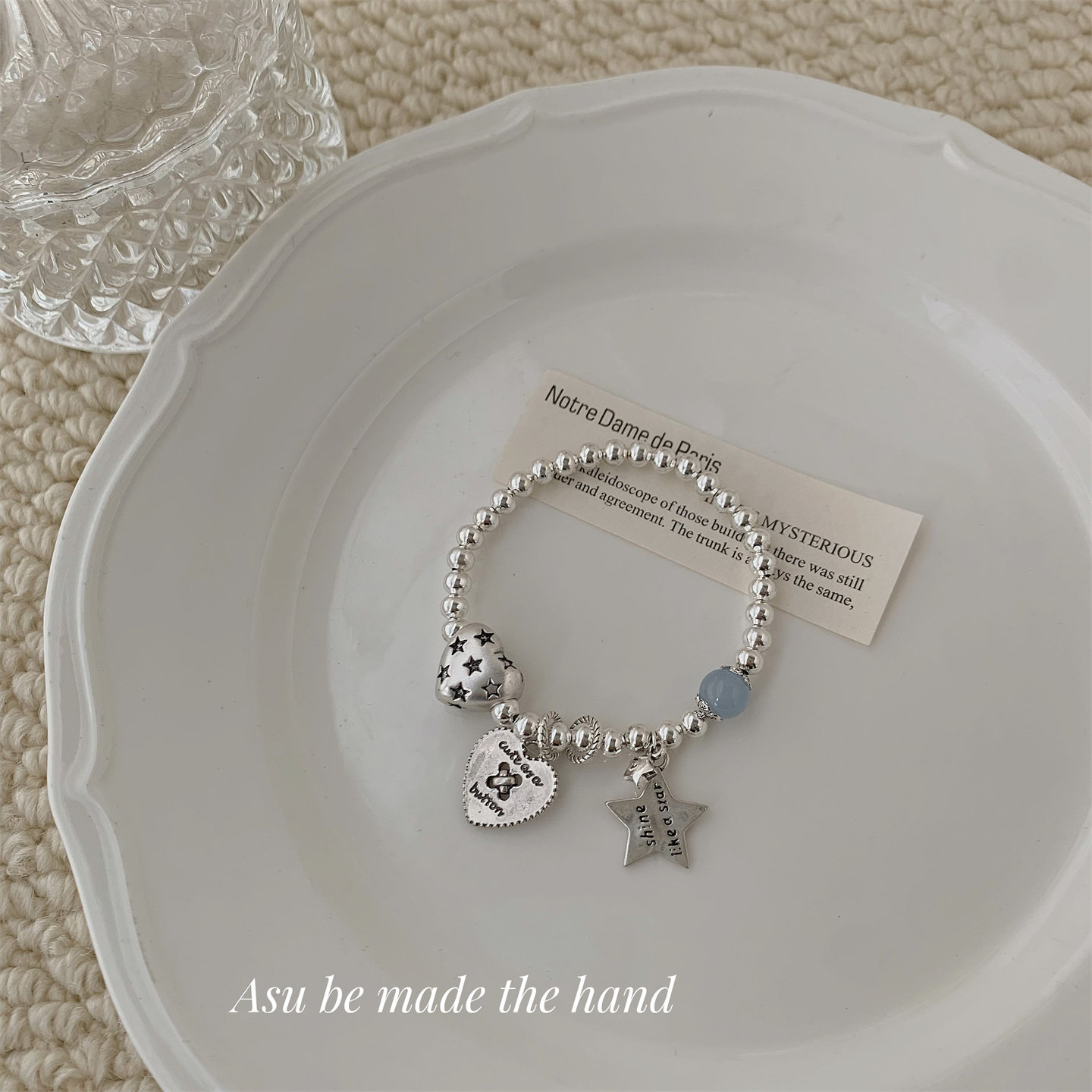 【满25包邮】气质个性圆珠手链女星星爱心吊坠银色百搭气质手串