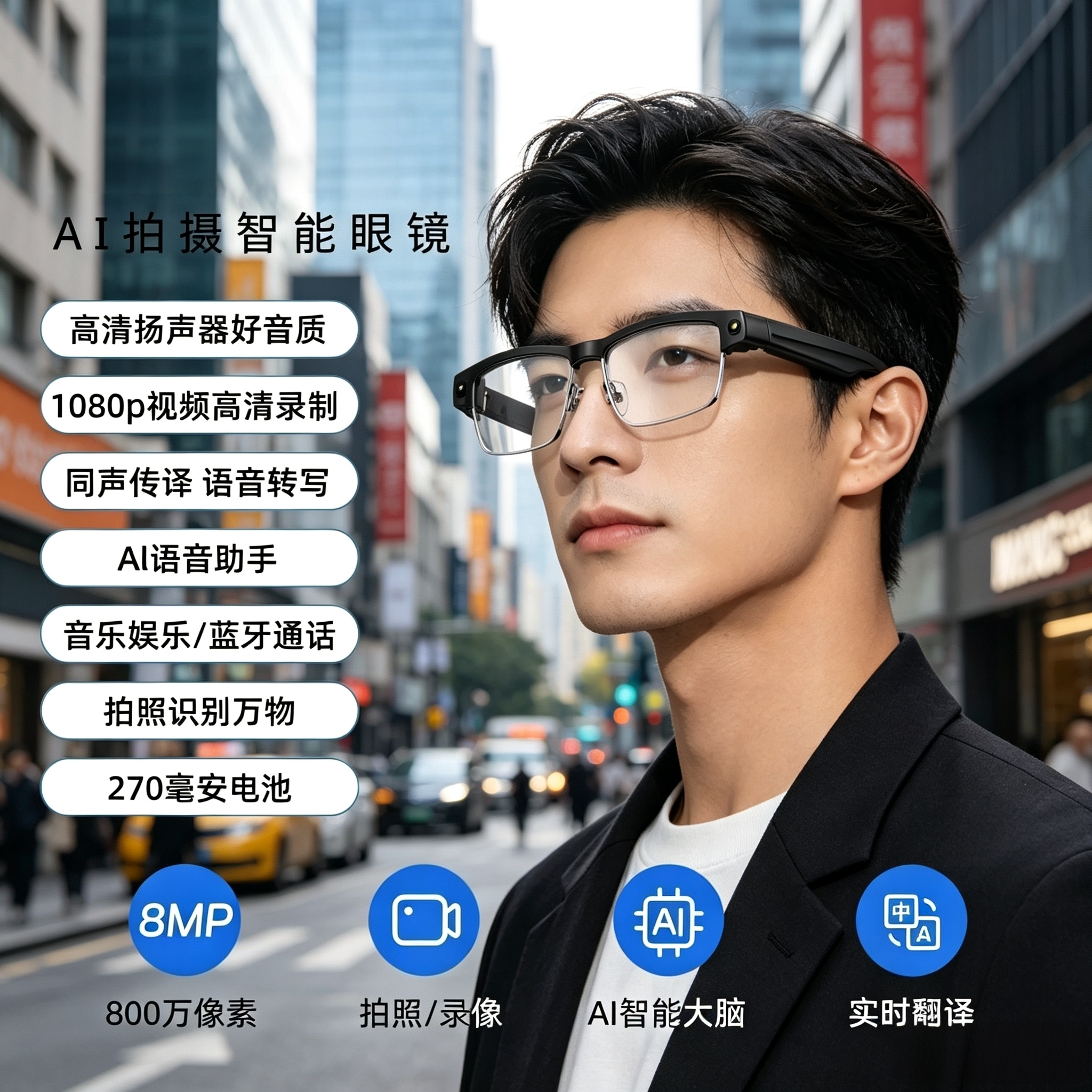ai智能眼镜800W高清摄像头会议录音翻译蓝牙长续航听歌识别万物