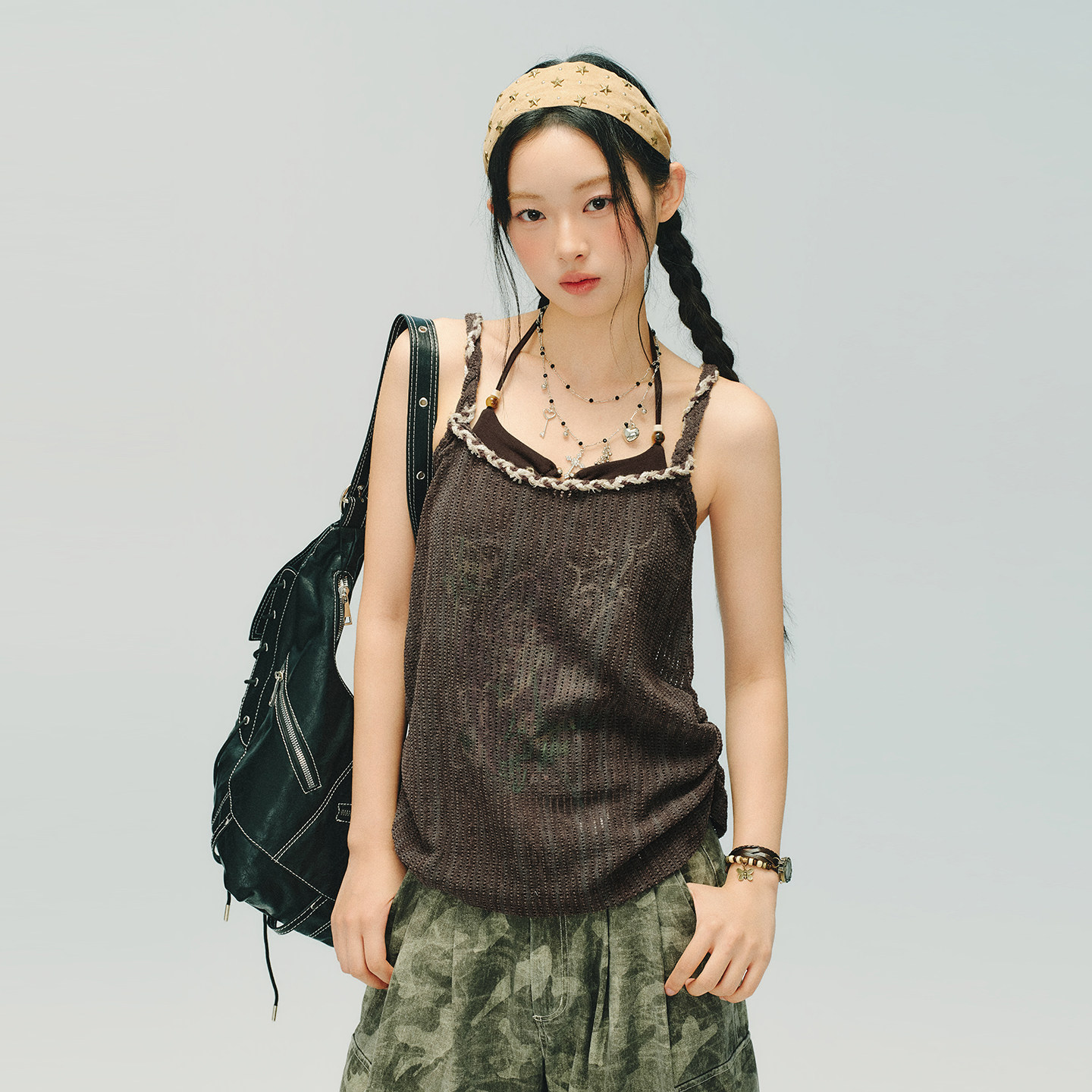 Lull Lull美式复古印花编绳褶皱吊带背心套装女夏季新款宽松上衣