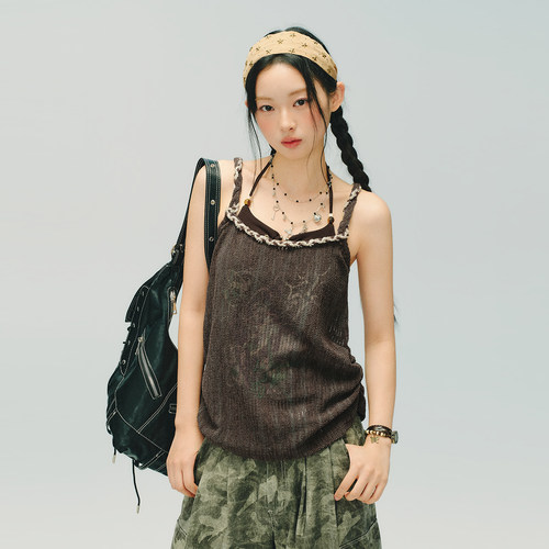 Lull Lull美式复古印花编绳褶皱吊带背心套装女夏季新款宽松上衣
