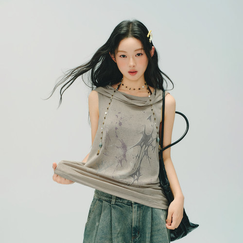 Lull Lull美式复古印花连帽荡领无袖t恤女夏新款宽松显瘦背心上衣