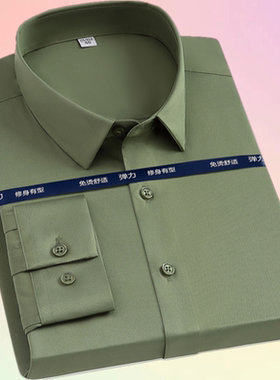 军绿色免烫弹力棉小领衬衫长袖商务休闲薄款青年修身男士西装衬衣