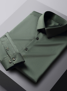 军绿色丝滑免烫抗皱长袖衬衫男商务休闲无痕弹力衬衣男西装寸修身
