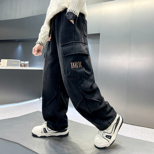 男童秋冬裤子中大童新款加厚牛仔裤男孩冬季加绒宽松工装裤儿童装