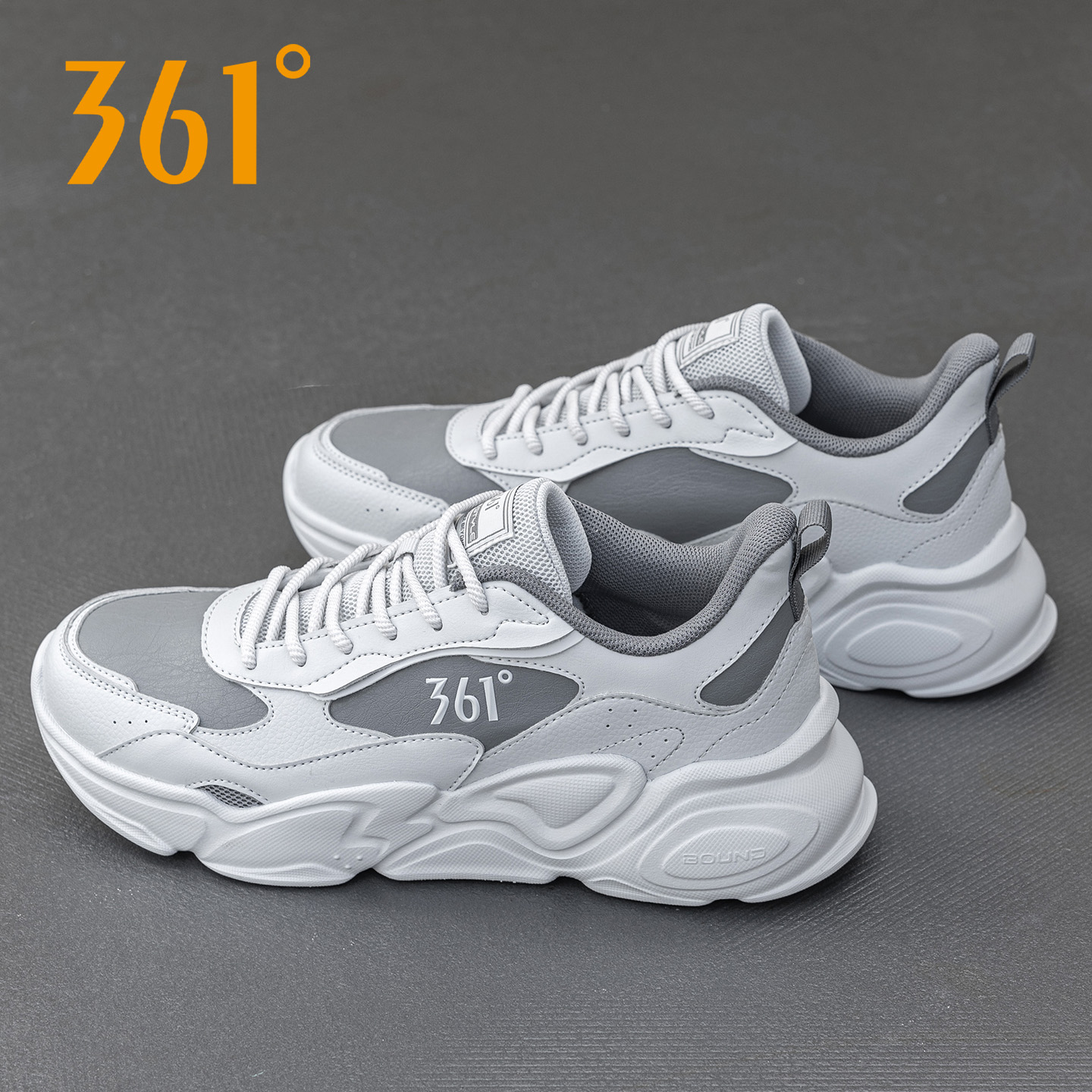 361男鞋冬季跑步鞋2025新款休闲鞋轻便老爹鞋灰色防水皮面运动鞋