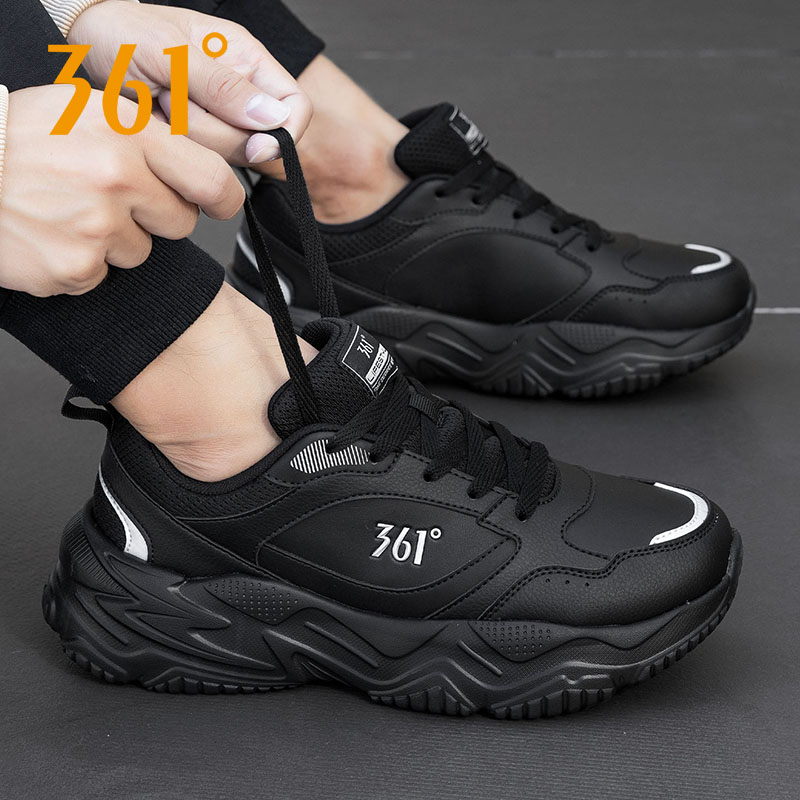 361男鞋冬季2025新款跑步鞋厚底老爹鞋黑色皮面防水休闲运动鞋男