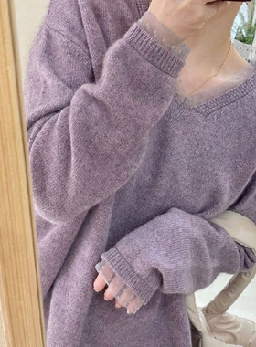 春装新款韩版女装复古日系慵懒欧货紫色宽松浣熊绒V领毛衣
