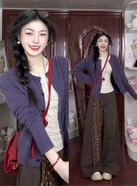 紫色慵懒感针织开衫毛衣外套女秋冬2025新款碎花内搭打底上衣