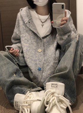 灰色软糯连帽毛衣开衫外套女秋冬季韩系氛围感穿搭慵懒风针织上衣