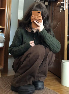 实价【三根绵羊绒】韩系假两件针织开衫绿色毛衣女新款秋冬翻领外