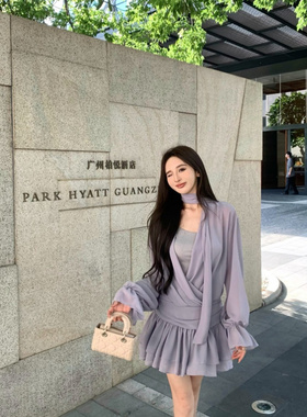 灰色飘带交叉v领长袖连衣裙女早秋气质雪纺短裙名媛御姐风a字裙子