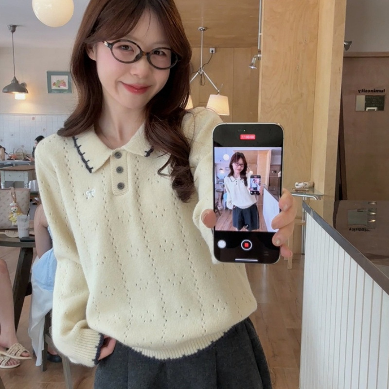 甜美蝴蝶结刺绣翻领毛衣女秋季设