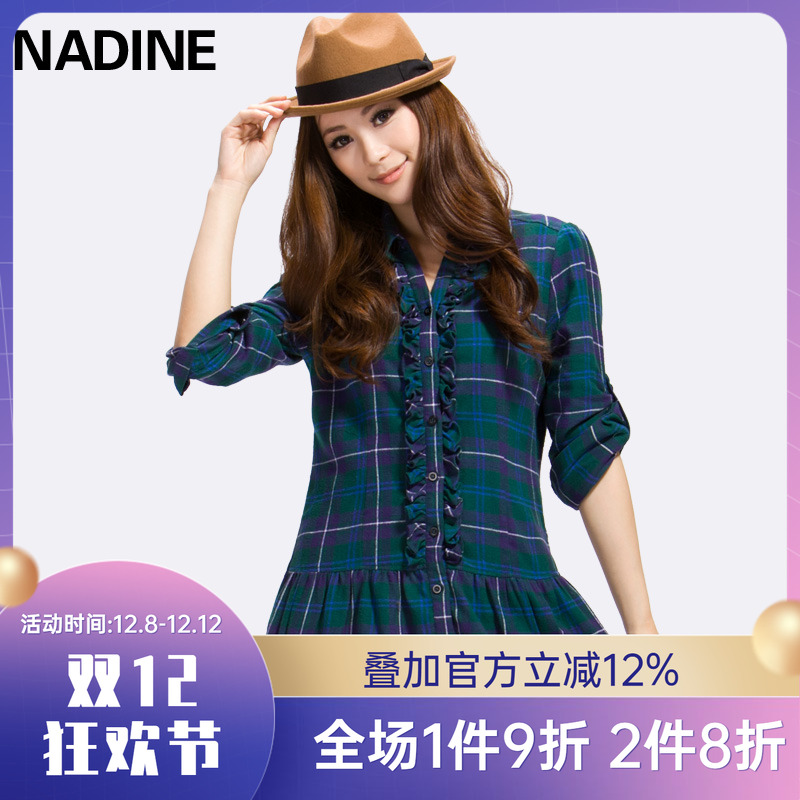 秋冬大码纯棉长袖英伦格子衬衫裙木耳边宽松法兰绒衬衣连衣裙女装