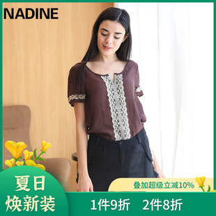 NADINE夏季 文艺风绣花蕾丝边短袖 t恤女休闲宽松人棉绉布上衣小衫