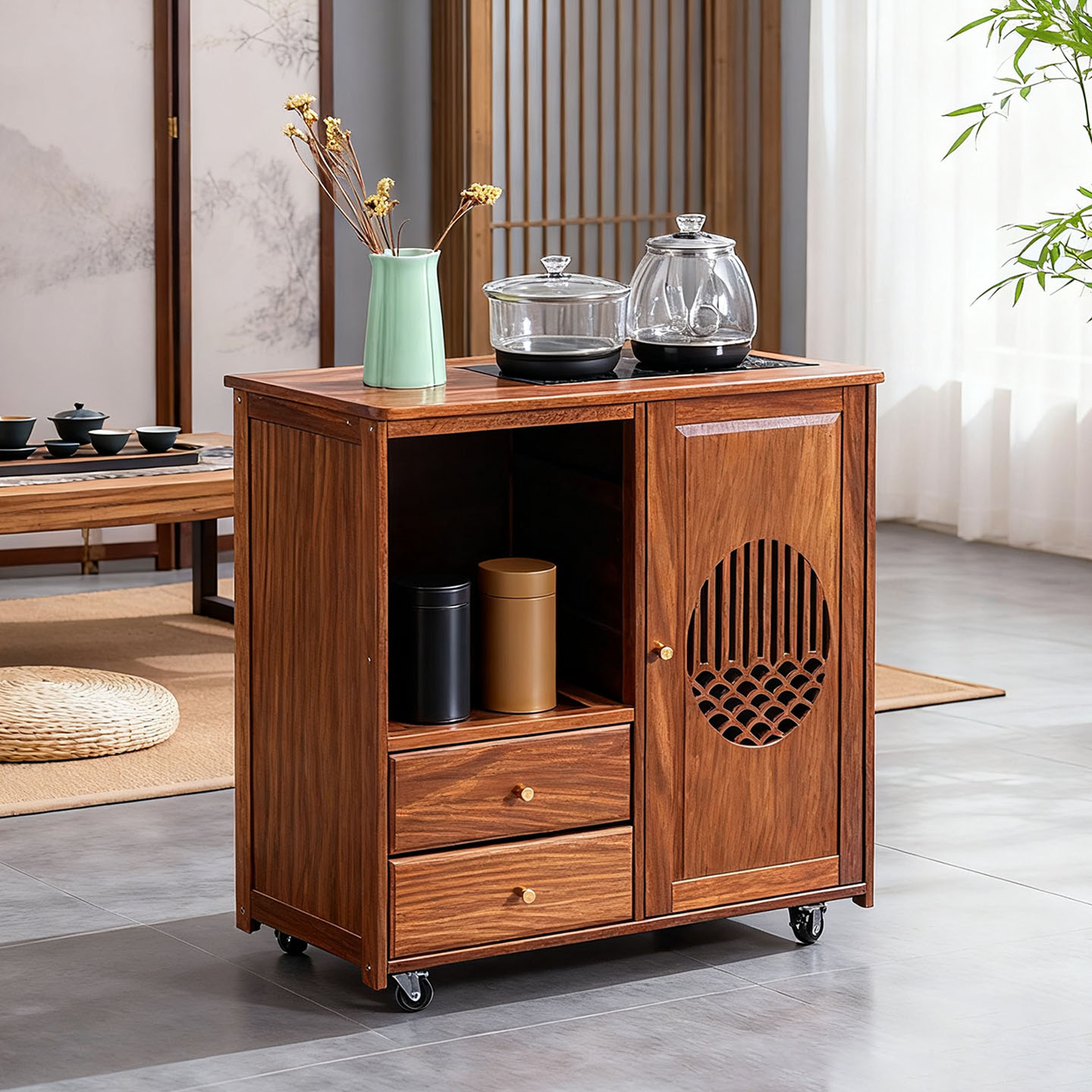胡桃色茶水柜移动茶水台茶桌茶台