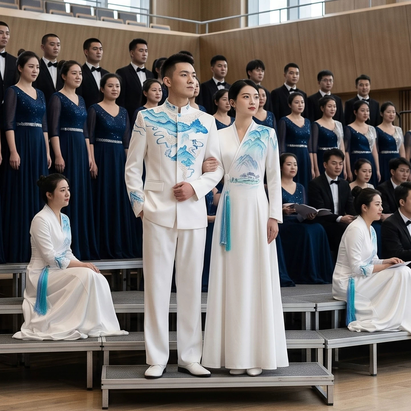 云岫白色山水印花合唱演出服男女舞台表演服装诗歌朗诵比赛服成人