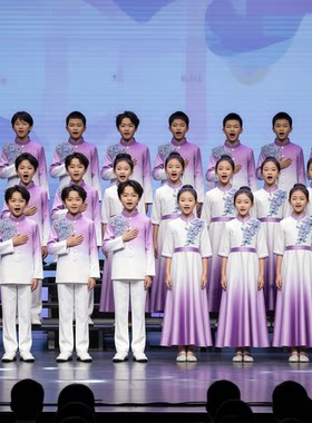 儿童合唱团2026初中小学生爱国主题演讲诗歌朗诵比赛紫色演出服装
