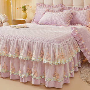 冬季牛奶婴儿绒夹棉床裙单件蕾丝边1.5米1.8x2.0冬天床罩宝宝绒