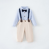子背带套装 男童长袖 婴儿衬衣宝宝秋季 条纹花童礼服裤 衬衫 2025新款