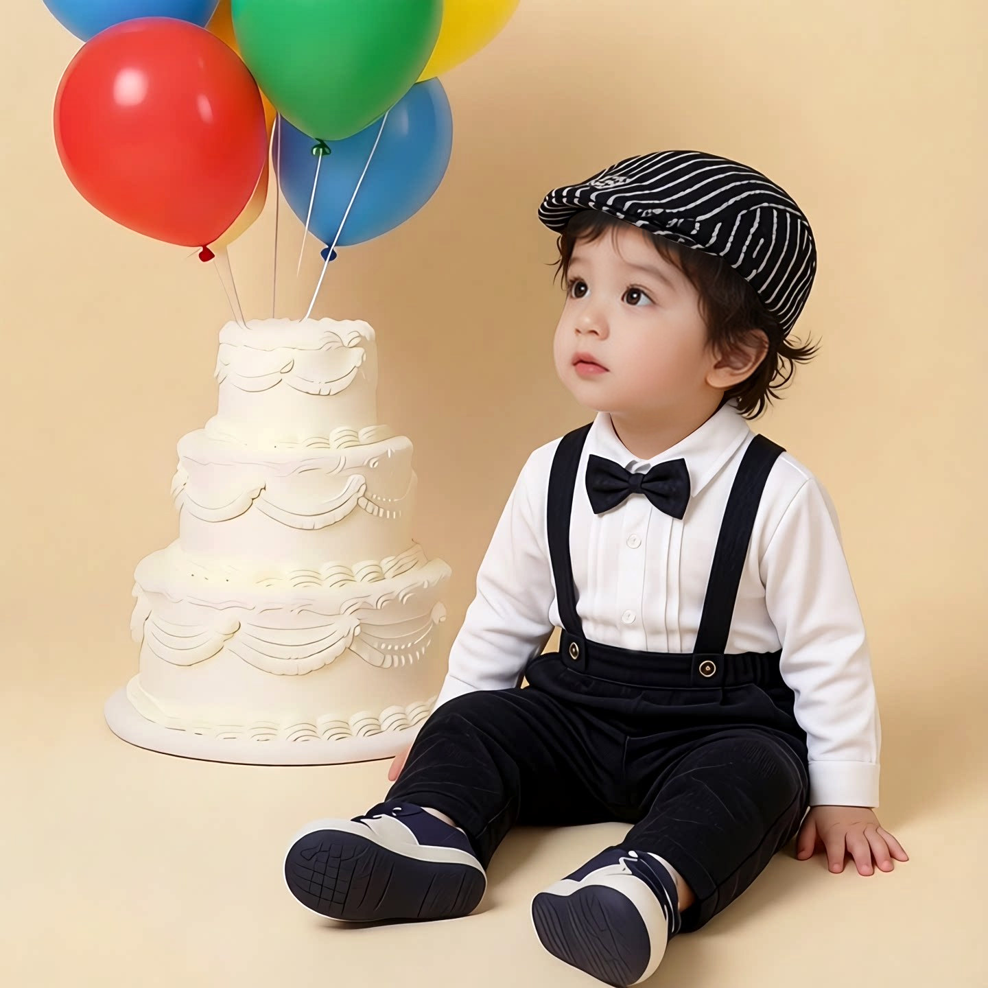 周岁男宝礼服英伦风男童蝴蝶结白色衬衫背带裤两件套生日春秋套装