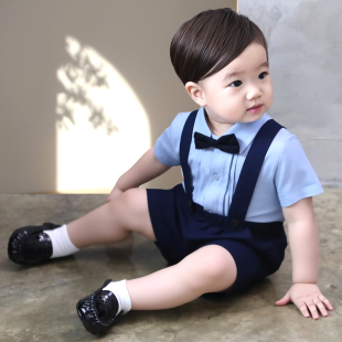 洋气周岁套装 男童衬衫 蓝白衬衣宝宝夏季 儿童短袖 礼服上衣2025新款