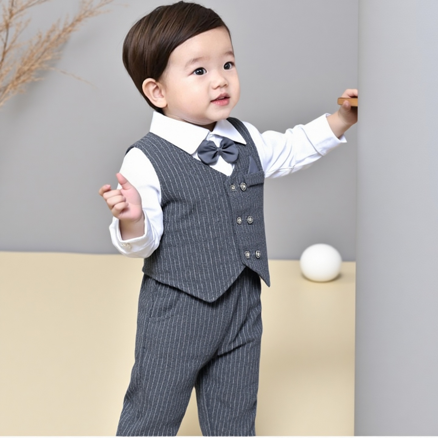 男童小西装套装春秋冬2025婴儿长袖衬衫长裤马甲夹棉宝宝周岁礼服