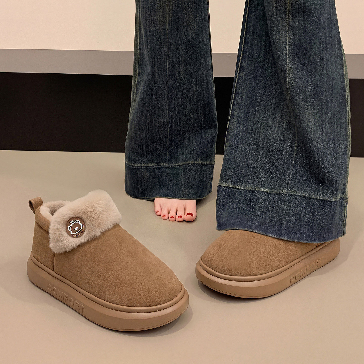 棉拖鞋女款2026新款冬季加绒加厚外穿保暖毛绒雪地靴全包跟棉鞋女