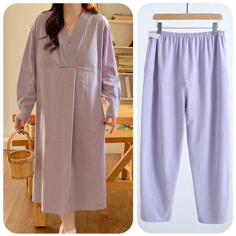 纯棉孕妇睡裙带胸垫产房产检孕妇装待产裙哺乳连衣裙加裤子春秋季