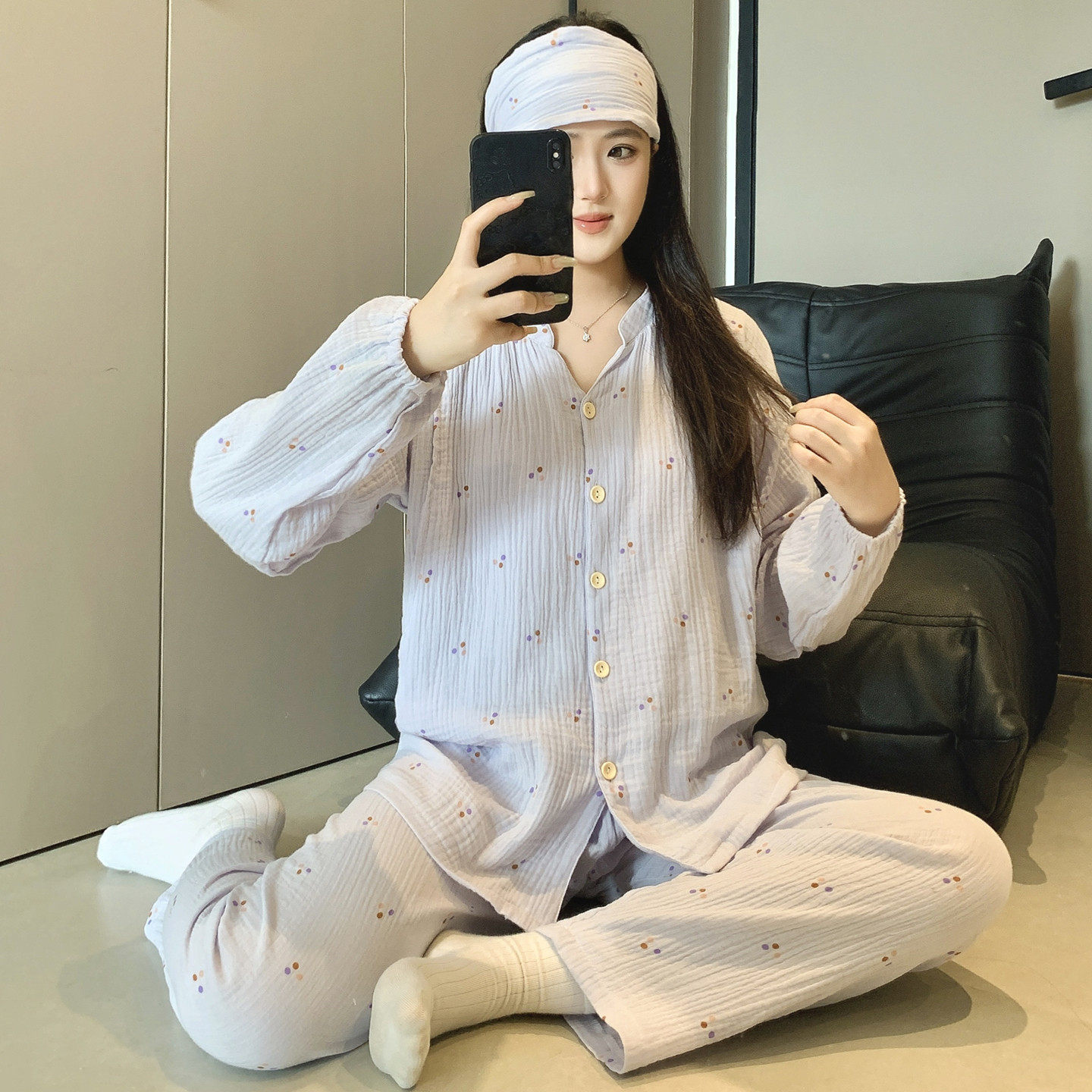 带胸垫住院待产产妇哺乳夏季月子服产后喂奶孕妇睡衣发带纯棉纱布