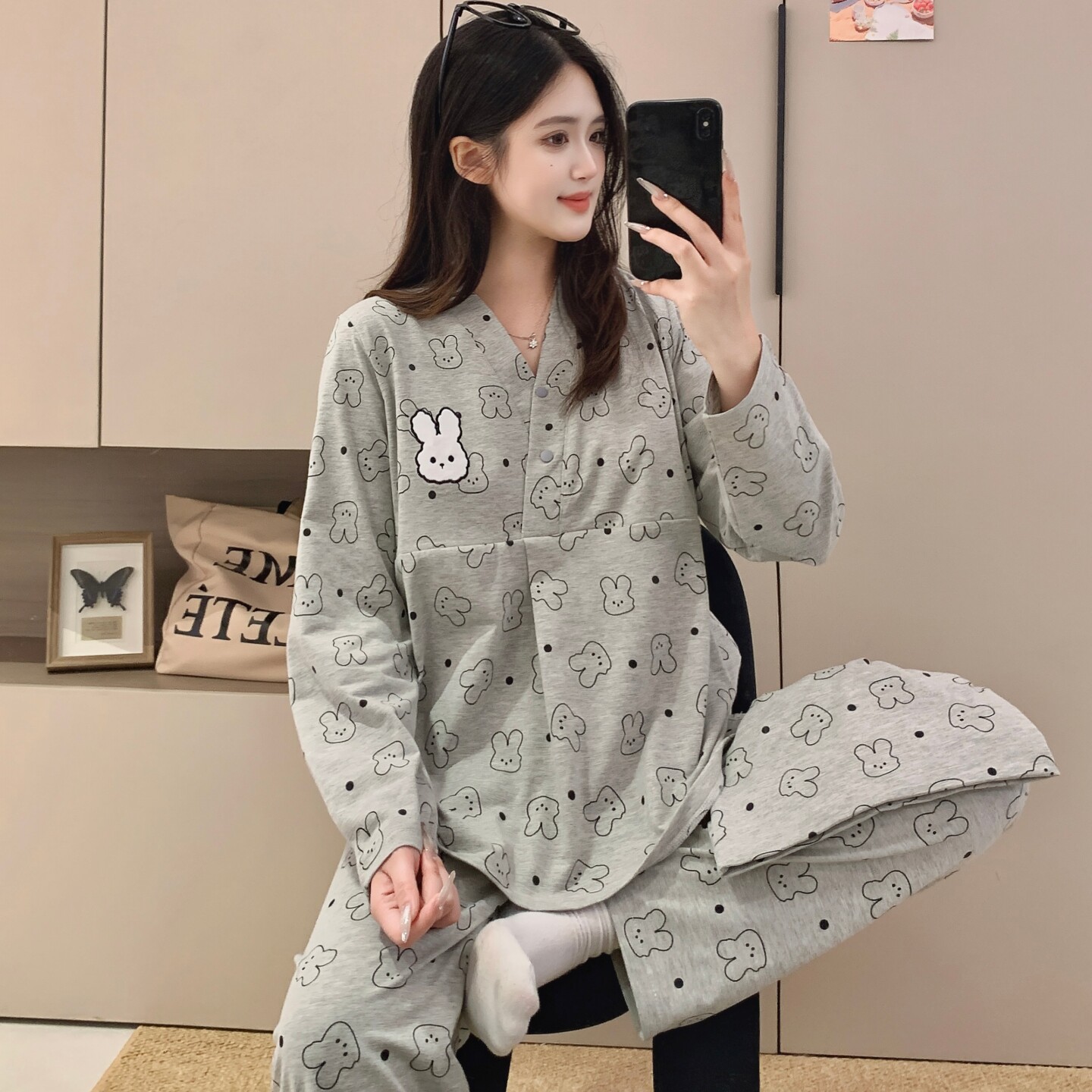 产前产后待产妇月子服套头抗菌纯棉带胸垫月子帽孕妇睡衣四季款