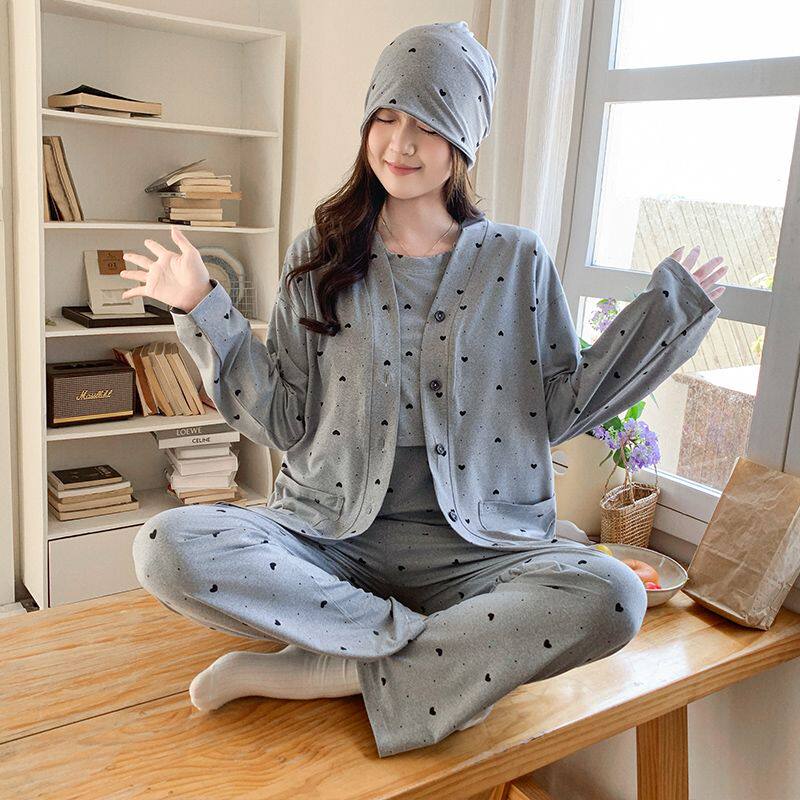 睡衣带胸垫产后怀孕期哺乳夏春秋季纯棉薄款三件套家居月子服孕妇