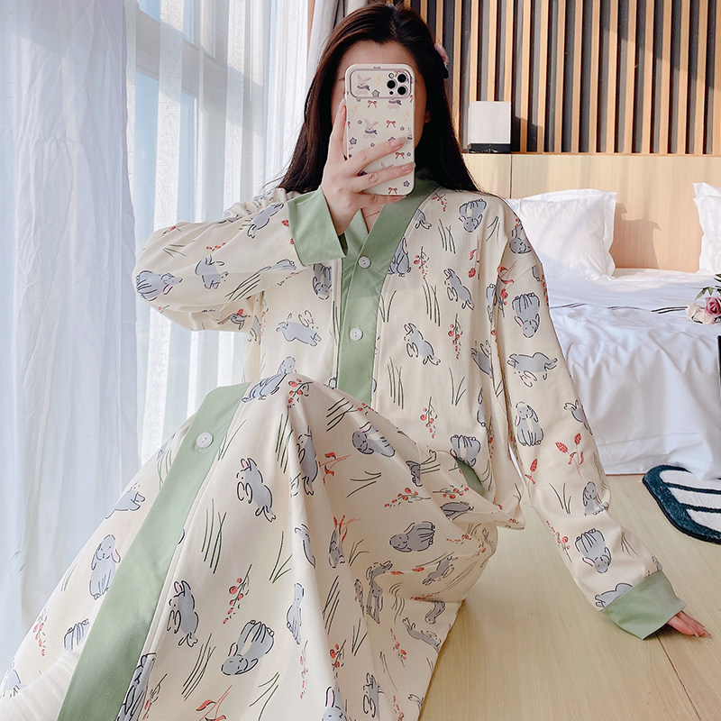 薄款春秋纯棉哺乳睡裙医院待产裙带胸垫加肥大码夏孕妇睡衣生产服