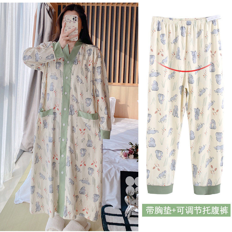 生产服薄款带胸垫家居服套装春秋纯棉哺乳睡裙孕妇睡衣医院待产裙