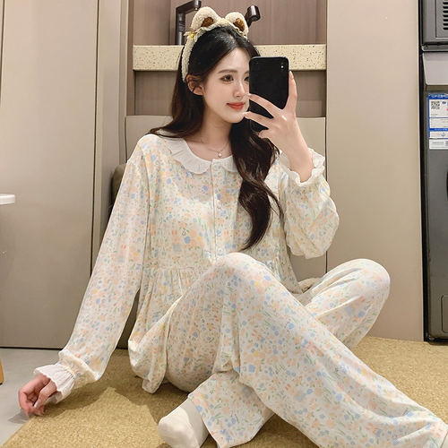莫代尔春秋产妇哺乳家居服产后孕妇睡衣带胸垫柔软月子服夏季薄款
