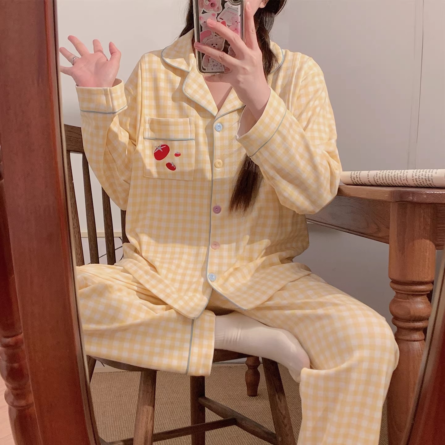 春秋待产哺乳夏薄款2026新款带胸垫月子服纯棉孕妇睡衣女套装格子