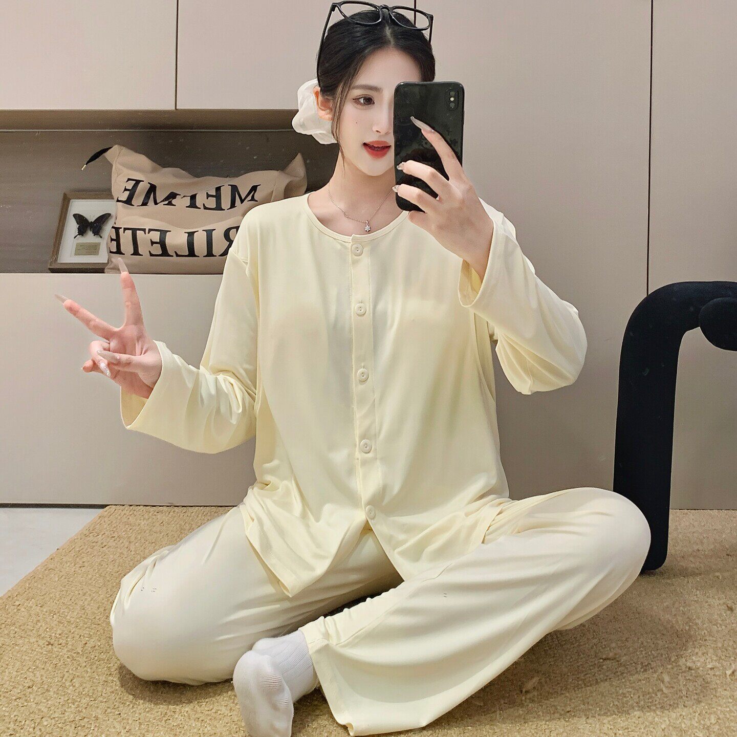 月子服夏薄款圆领不勒肚带胸垫纯色孕妇睡衣春秋季棉产妇出院哺乳