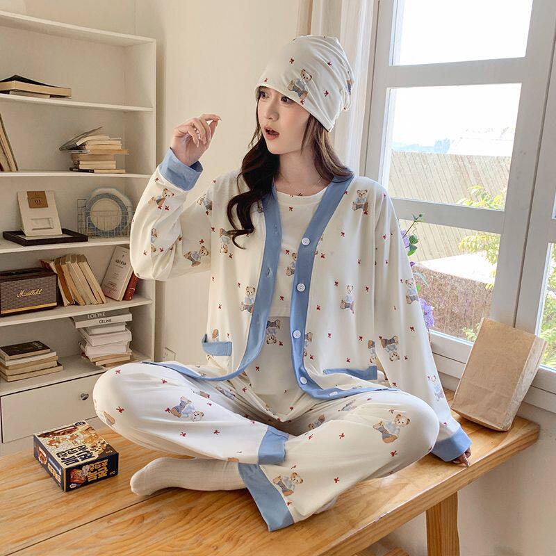 春秋季纯棉三件套带胸垫产后怀孕期哺乳家居月子服孕妇睡衣夏薄款