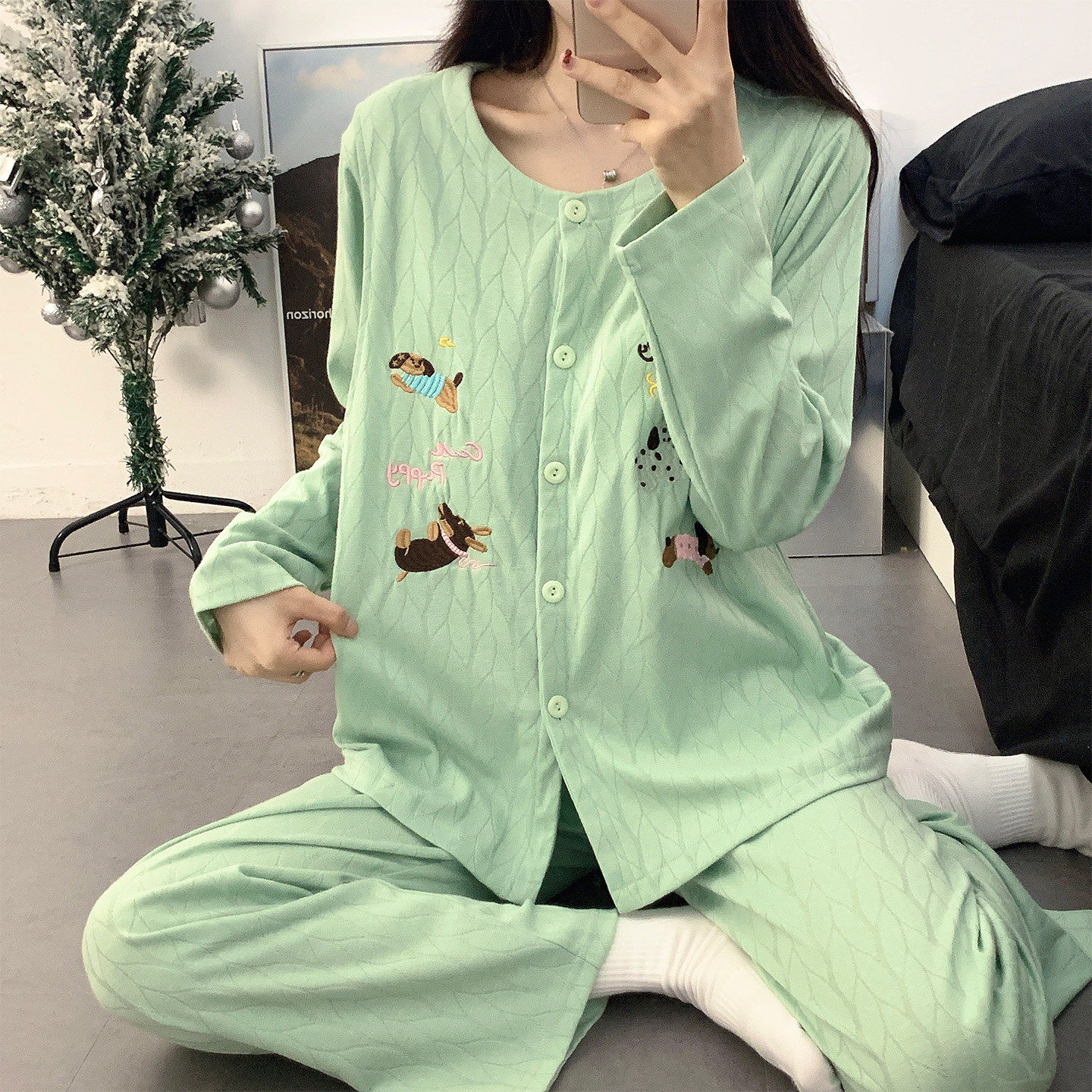 春秋睡衣卡通喂奶期产妇家居服带胸垫月子服薄款纯棉产后哺乳孕妇
