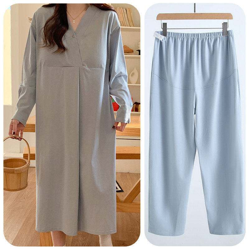 带胸垫待产裙哺乳连衣裙加裤子春秋季产房产检孕妇装纯棉孕妇睡裙