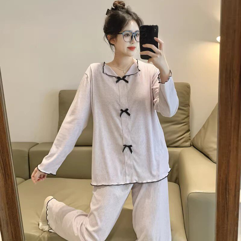 带胸垫月子服彩棉喂奶专用夏款产后孕妇睡衣套头可调节大码春秋季