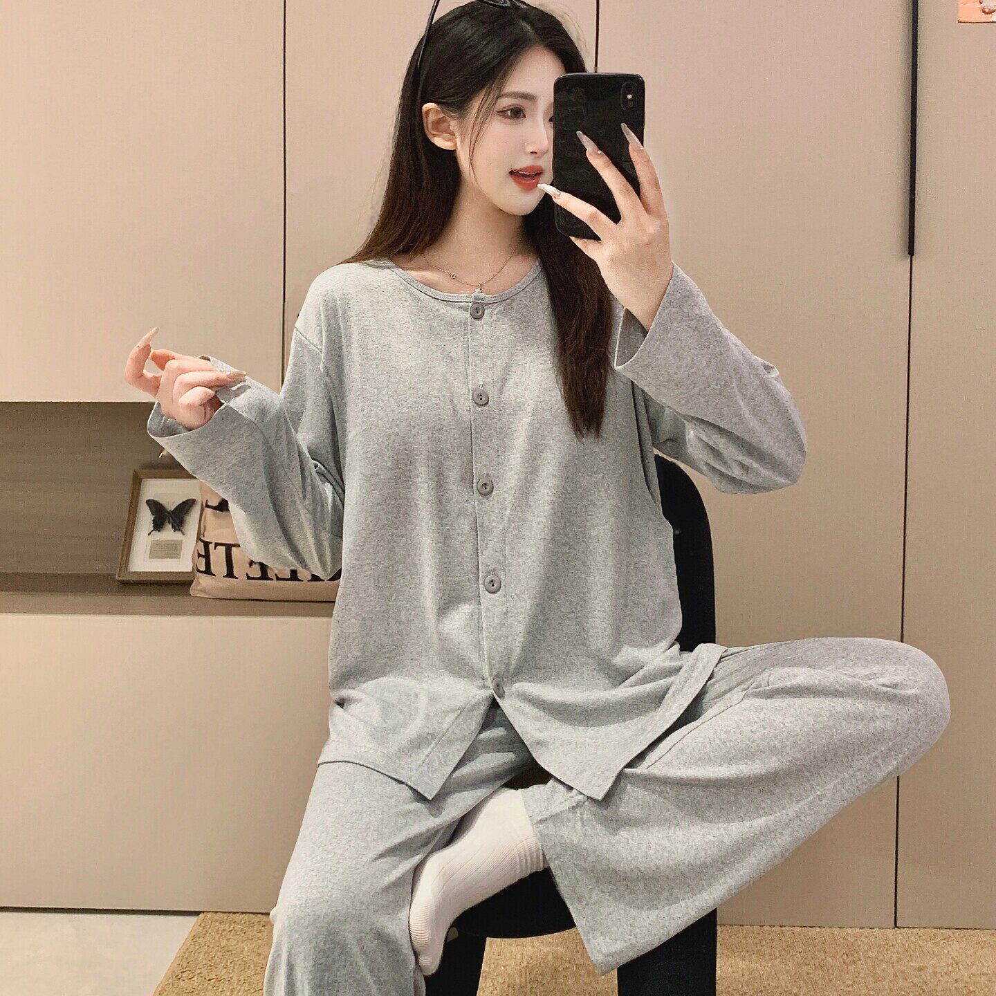 春秋季棉产妇出院哺乳月子服夏薄款圆领不勒肚带胸垫纯色孕妇睡衣