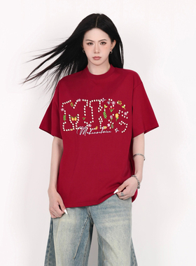 INGA美式重工立体珍珠字母短袖T恤女夏季设计感宽松oversize上衣