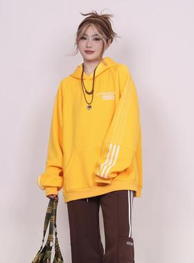 INGA2025美式复古插肩袖黄色卫衣女春潮牌高级感宽松百搭情侣上衣