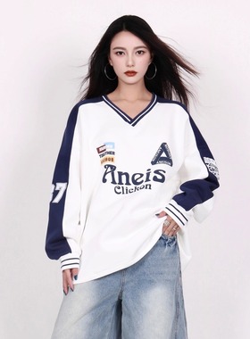 INGA美式字母撞色卫衣女球衣秋季V领复古oversize上衣潮牌情侣ins