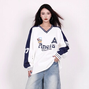 JEM美式 字母撞色卫衣女球衣春秋V领复古oversize上衣潮牌情侣ins