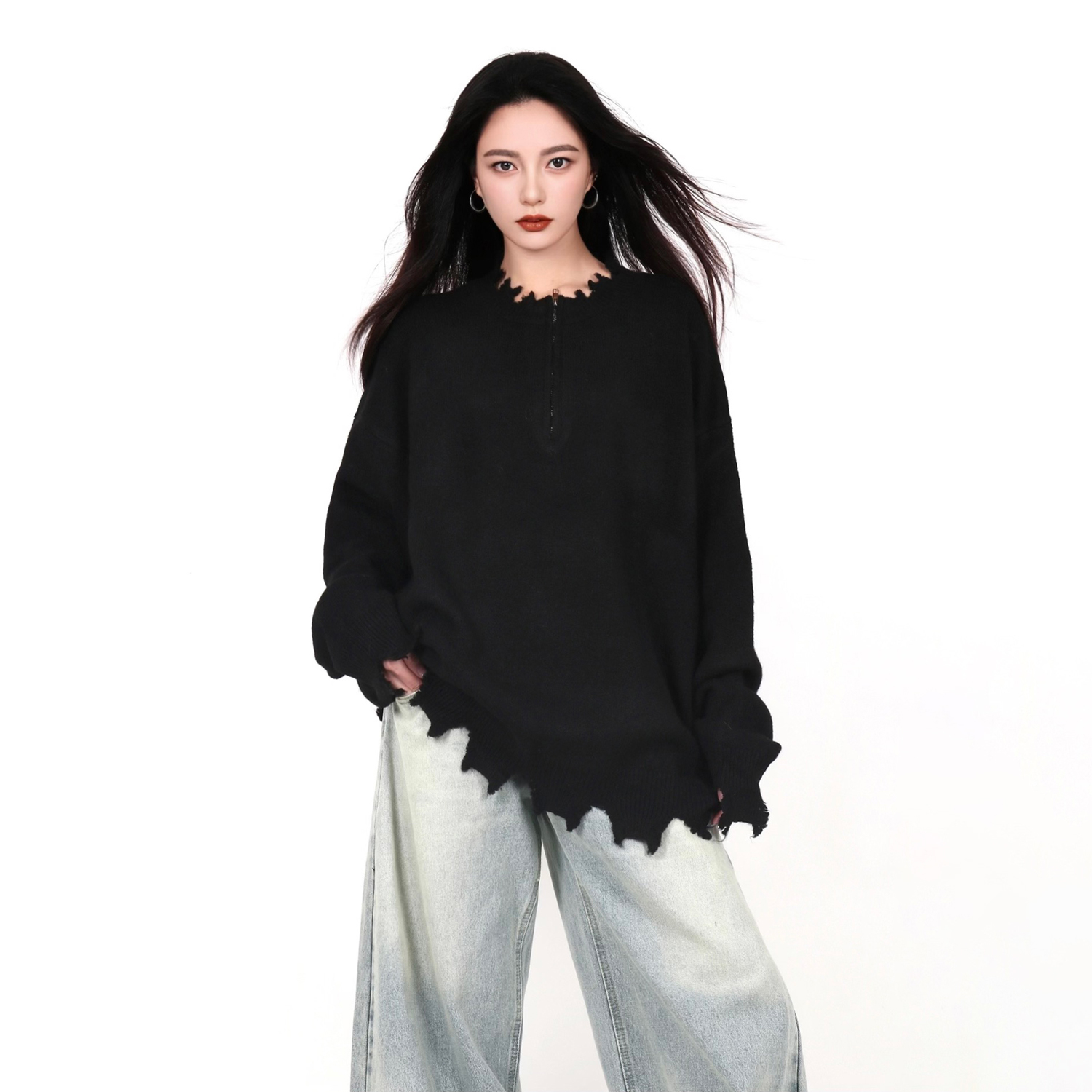 INGA美式街头半拉链设计感毛衣女