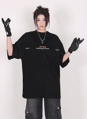 INGA美式复古高街重磅黑色短袖T恤男女宽松设计感印花小众情侣衫